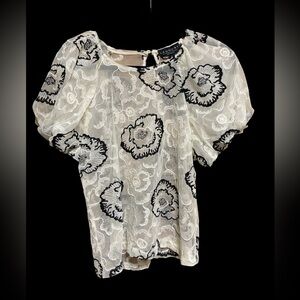 Laundry By Shelli Segal Embroidered Puff Slv Floral Sheer Mesh Top/Marshmallow M